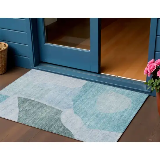Teal Blue Artichoke Green And Blue Abstract Washable Indoor Outdoor Area Rug Photo 1