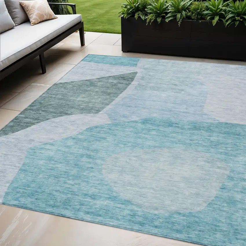 Teal Blue Artichoke Green And Blue Abstract Washable Indoor Outdoor Area Rug Photo 1