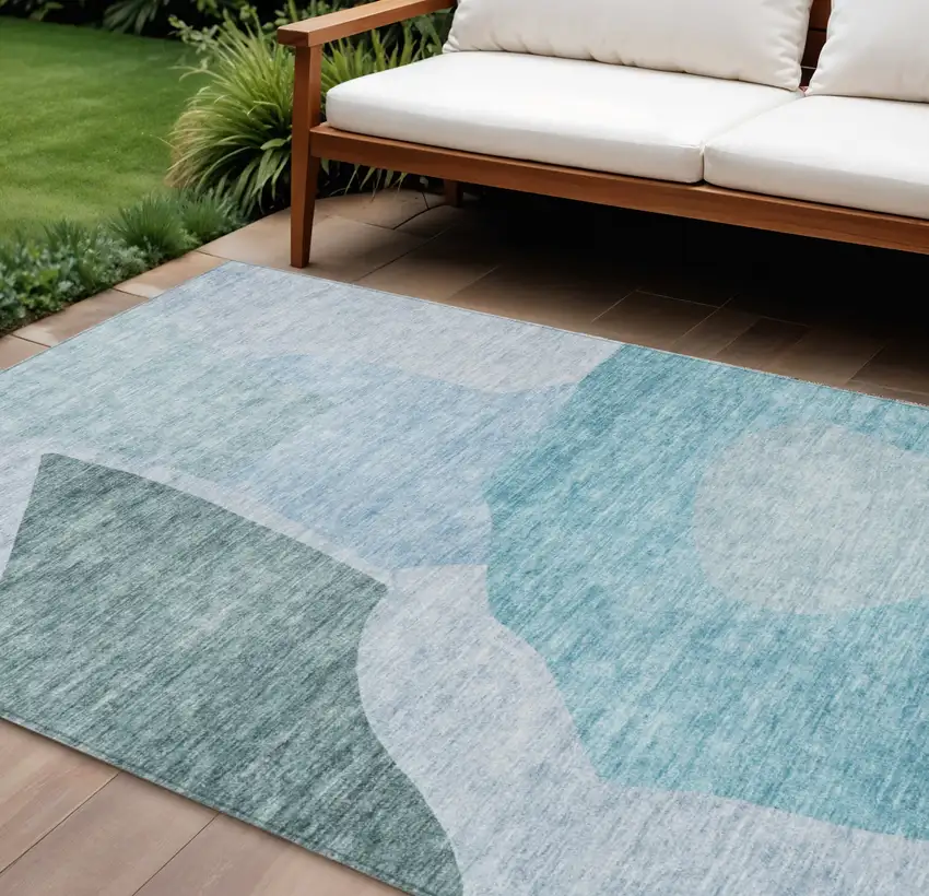 Teal Blue Artichoke Green And Blue Abstract Washable Indoor Outdoor Area Rug Photo 1