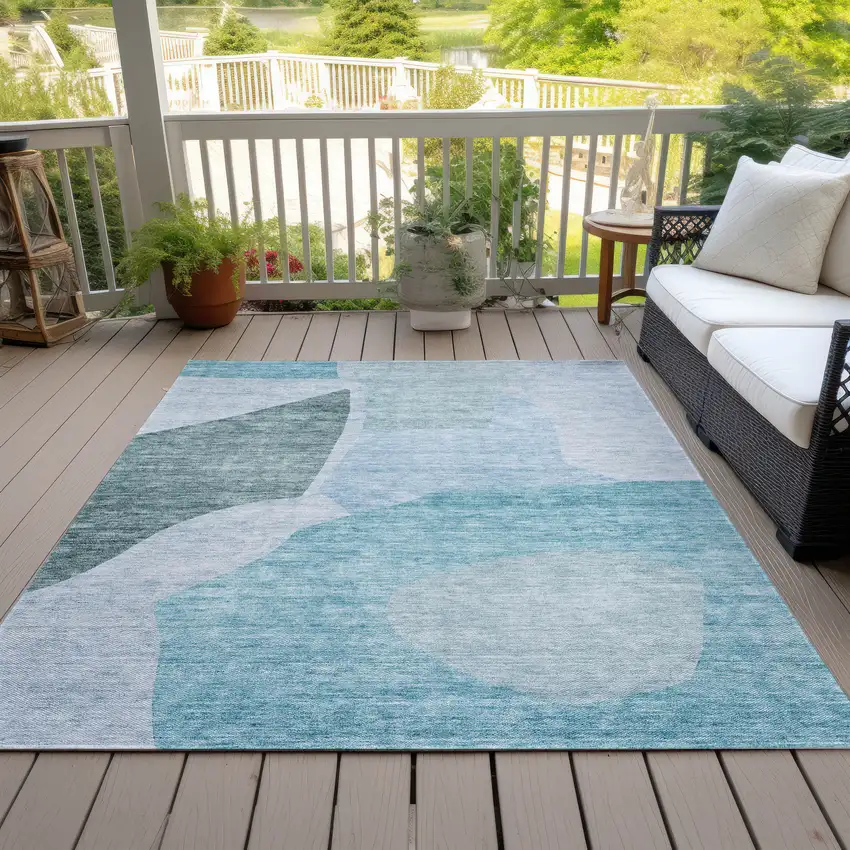 Teal Blue Artichoke Green And Blue Abstract Washable Indoor Outdoor Area Rug Photo 8