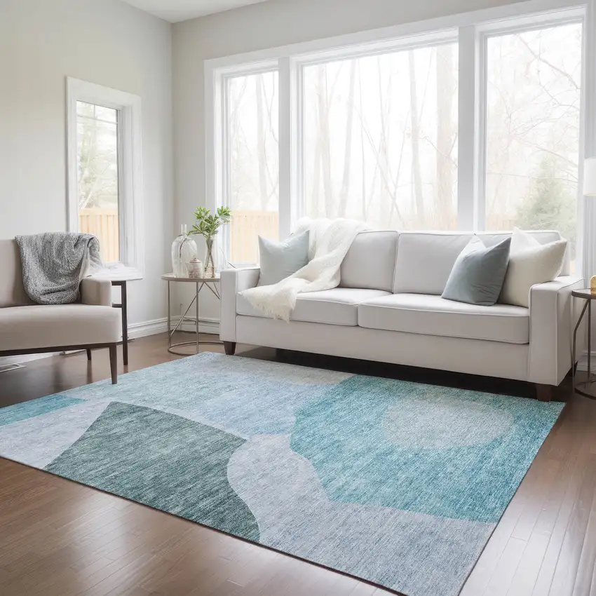 Teal Blue Artichoke Green And Blue Abstract Washable Indoor Outdoor Area Rug Photo 9
