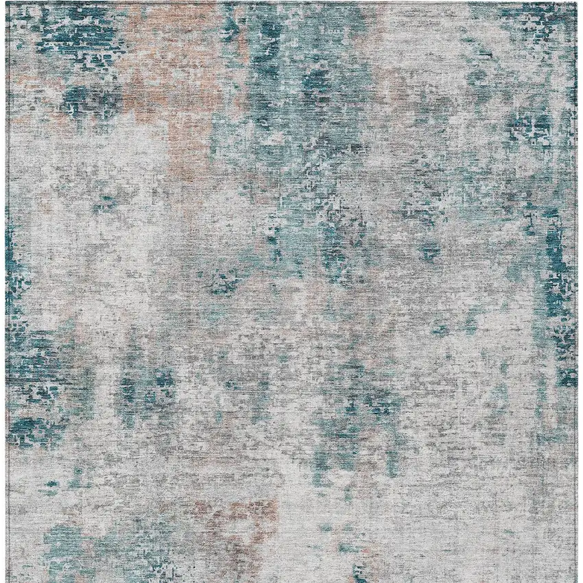 Teal Blue Beige And Copper Abstract Washable Indoor Outdoor Area Rug Photo 6