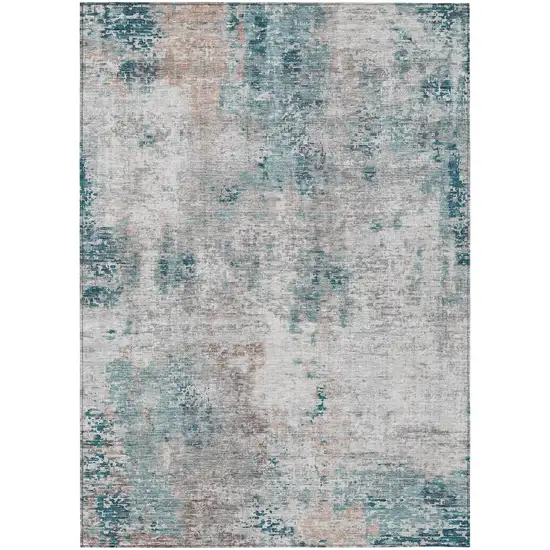 Teal Blue Beige And Copper Abstract Washable Indoor Outdoor Area Rug Photo 2