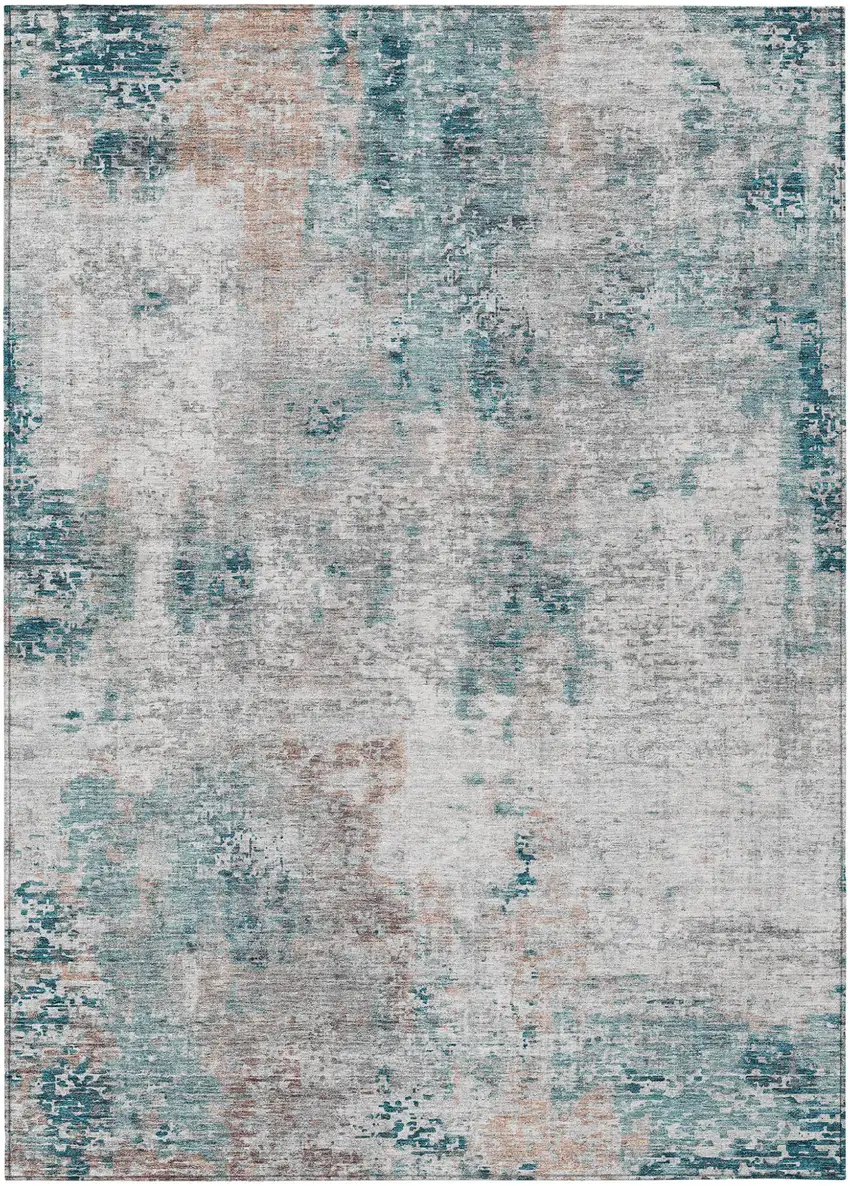 Teal Blue Beige And Copper Abstract Washable Indoor Outdoor Area Rug Photo 2