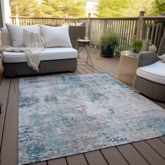 Teal Blue Beige And Copper Abstract Washable Indoor Outdoor Area Rug Photo 8