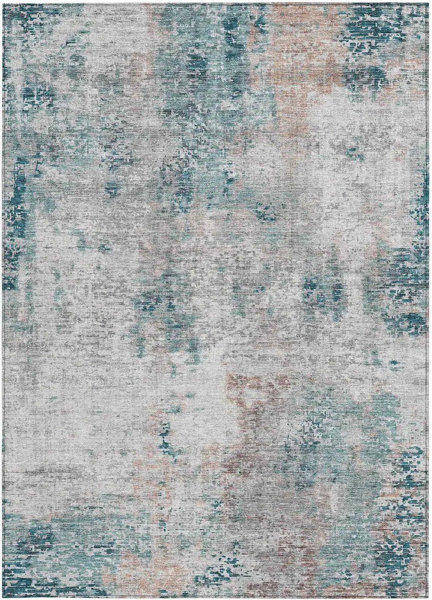 Teal Blue Beige And Copper Abstract Washable Indoor Outdoor Area Rug Photo 7