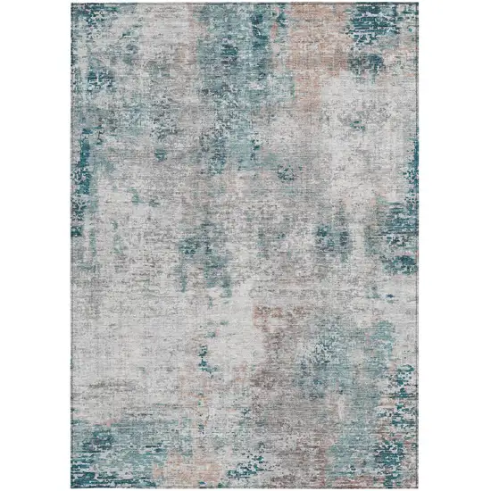 Teal Blue Beige And Copper Abstract Washable Indoor Outdoor Area Rug Photo 7
