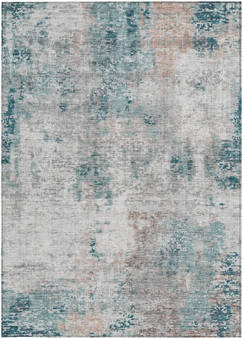 Teal Blue Beige And Copper Abstract Washable Indoor Outdoor Area Rug Photo 7