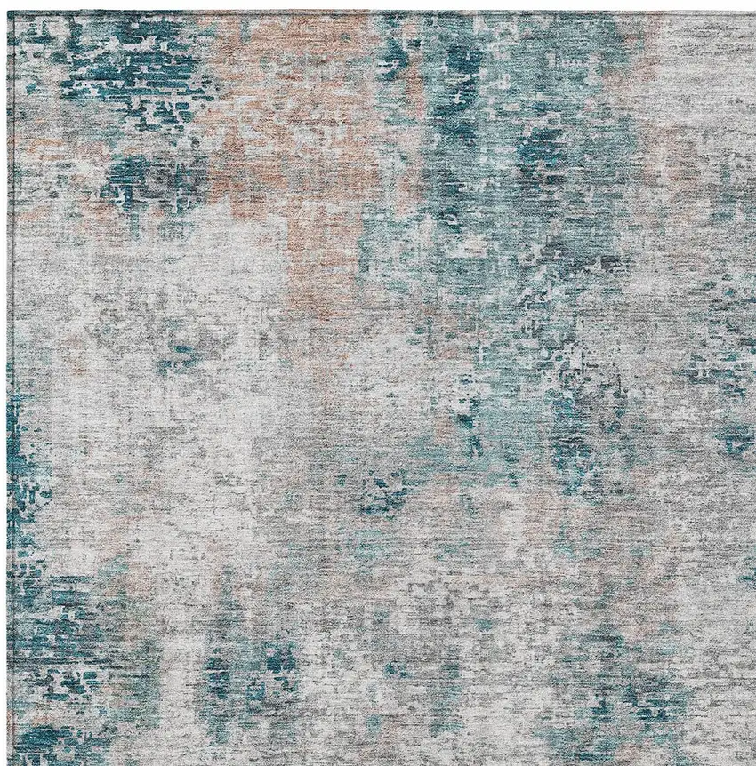 Teal Blue Beige And Copper Abstract Washable Indoor Outdoor Area Rug Photo 6