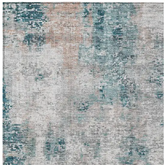 Teal Blue Beige And Copper Abstract Washable Indoor Outdoor Area Rug Photo 6