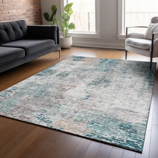 Teal Blue Beige And Copper Abstract Washable Indoor Outdoor Area Rug Photo 9