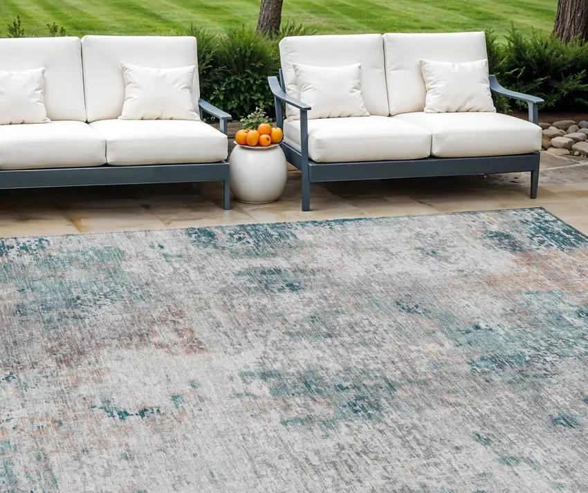 Teal Blue Beige And Copper Abstract Washable Indoor Outdoor Area Rug Photo 1