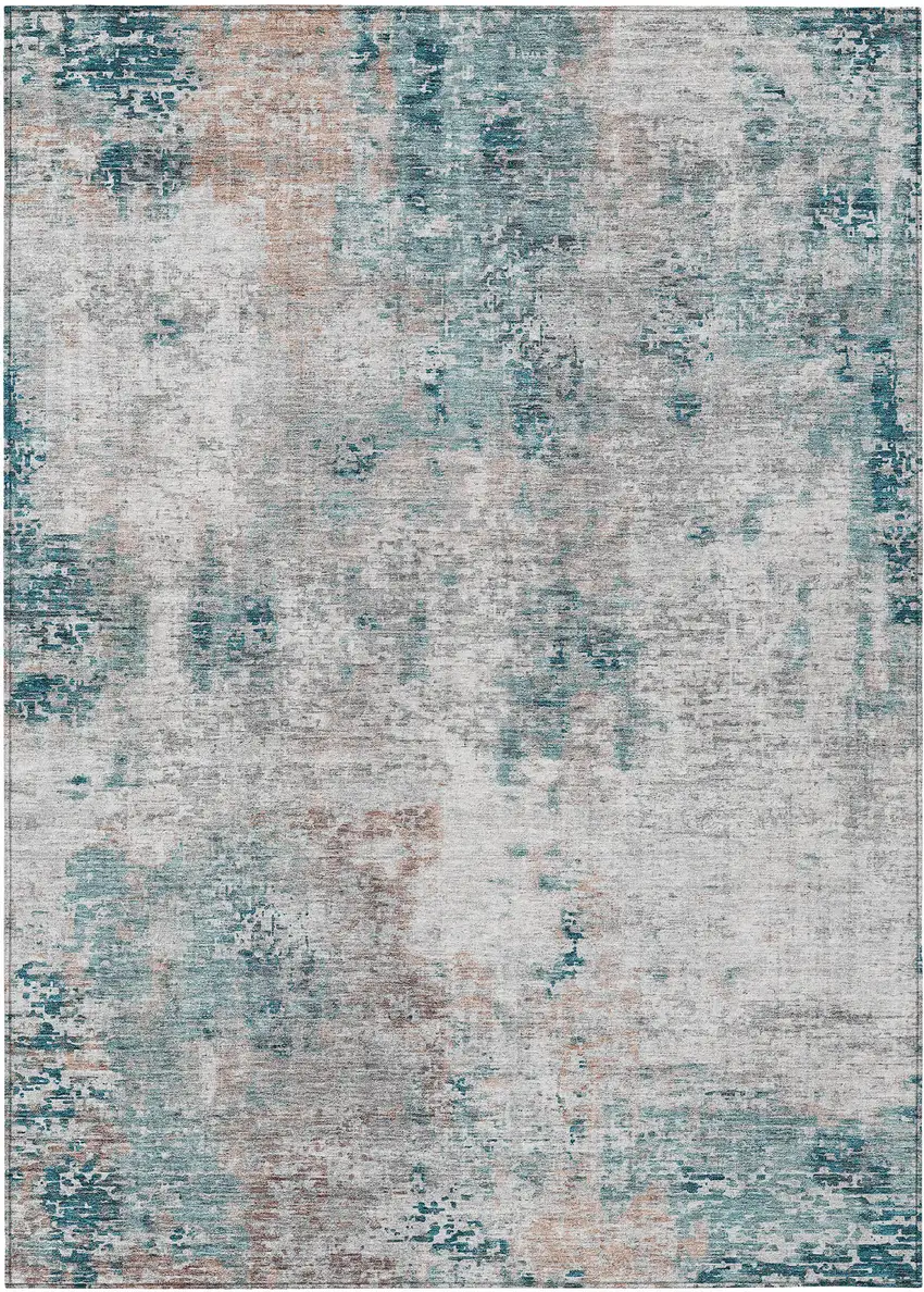 Teal Blue Beige And Copper Abstract Washable Indoor Outdoor Area Rug Photo 2