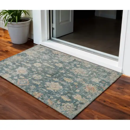Teal Blue Beige And Gold Floral Washable Indoor Outdoor Area Rug Photo 1