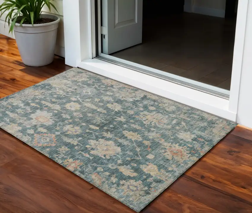 Teal Blue Beige And Gold Floral Washable Indoor Outdoor Area Rug Photo 1
