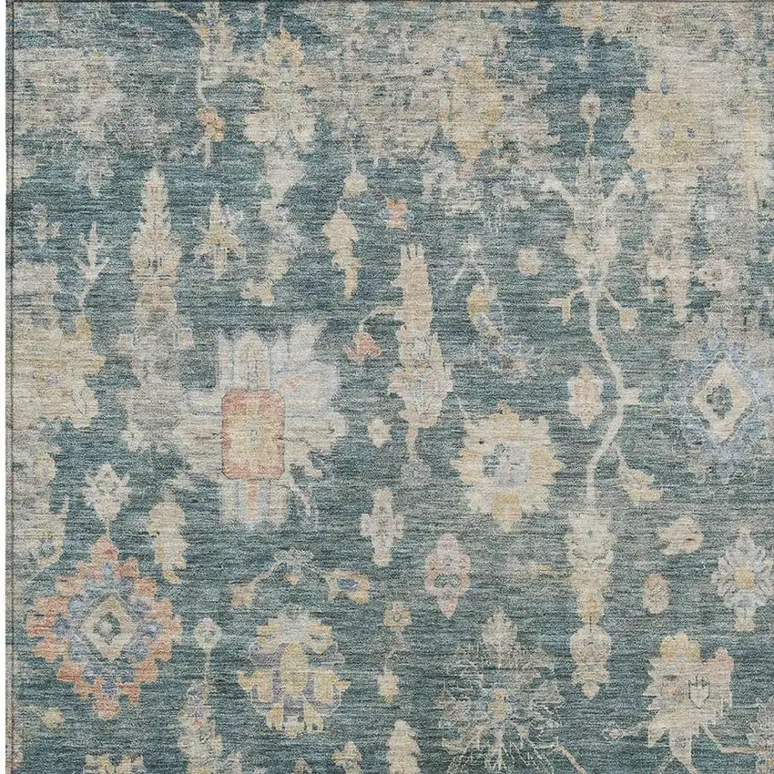 Teal Blue Beige And Gold Floral Washable Indoor Outdoor Area Rug Photo 3