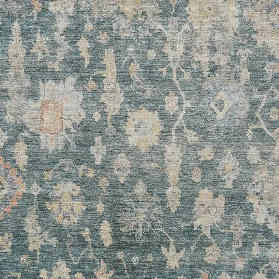 Teal Blue Beige And Gold Floral Washable Indoor Outdoor Area Rug Photo 4