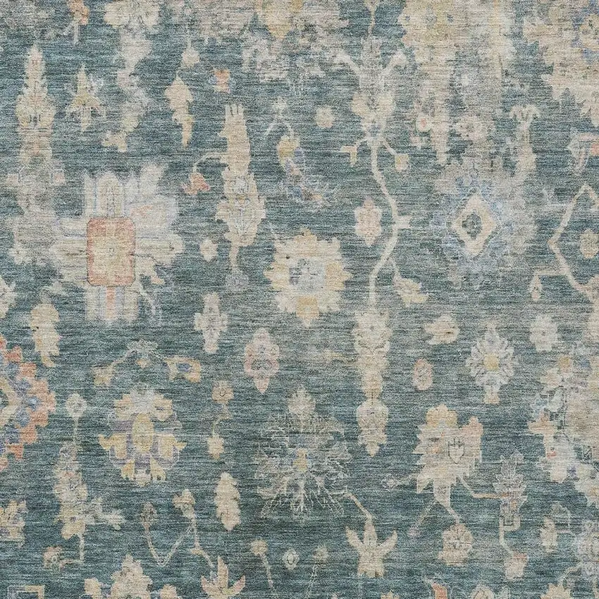 Teal Blue Beige And Gold Floral Washable Indoor Outdoor Area Rug Photo 4