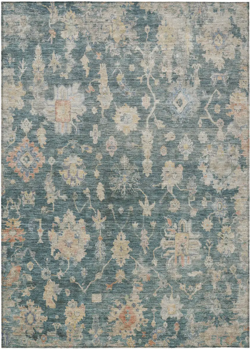 Teal Blue Beige And Gold Floral Washable Indoor Outdoor Area Rug Photo 7