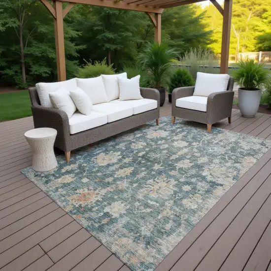 Teal Blue Beige And Gold Floral Washable Indoor Outdoor Area Rug Photo 5