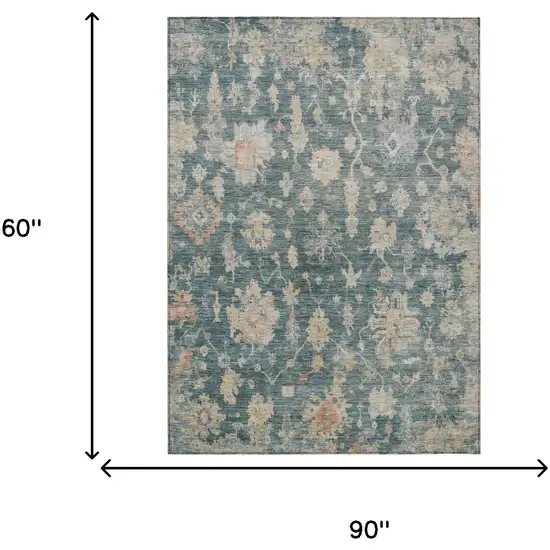 Teal Blue Beige And Gold Floral Washable Indoor Outdoor Area Rug Photo 3