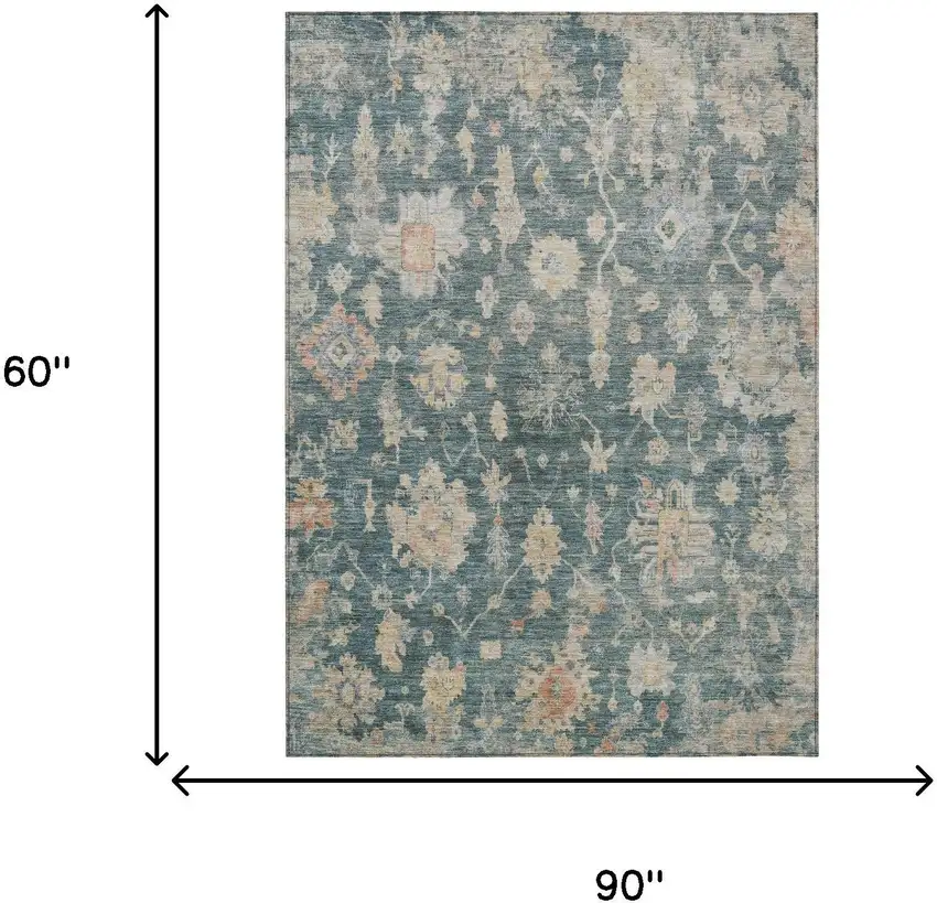 Teal Blue Beige And Gold Floral Washable Indoor Outdoor Area Rug Photo 3