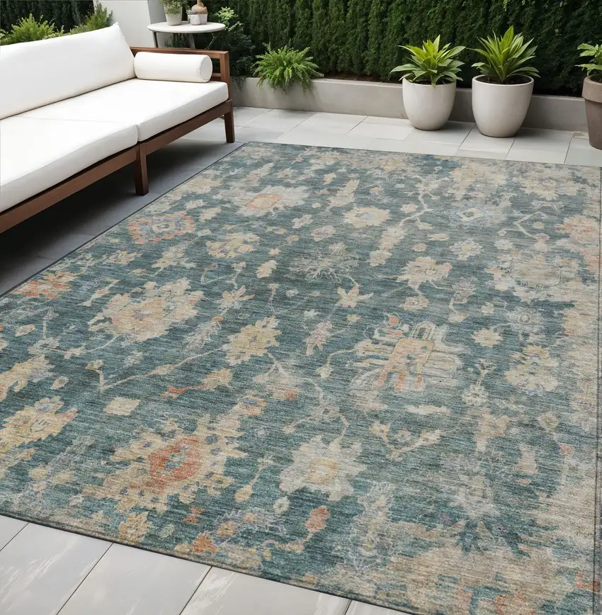 Teal Blue Beige And Gold Floral Washable Indoor Outdoor Area Rug Photo 1