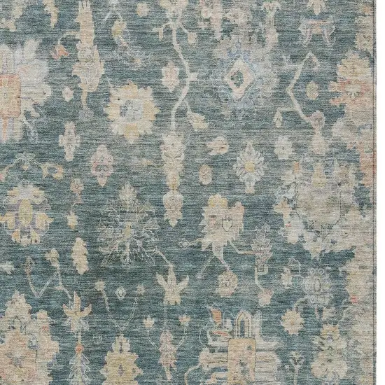 Teal Blue Beige And Gold Floral Washable Indoor Outdoor Area Rug Photo 4