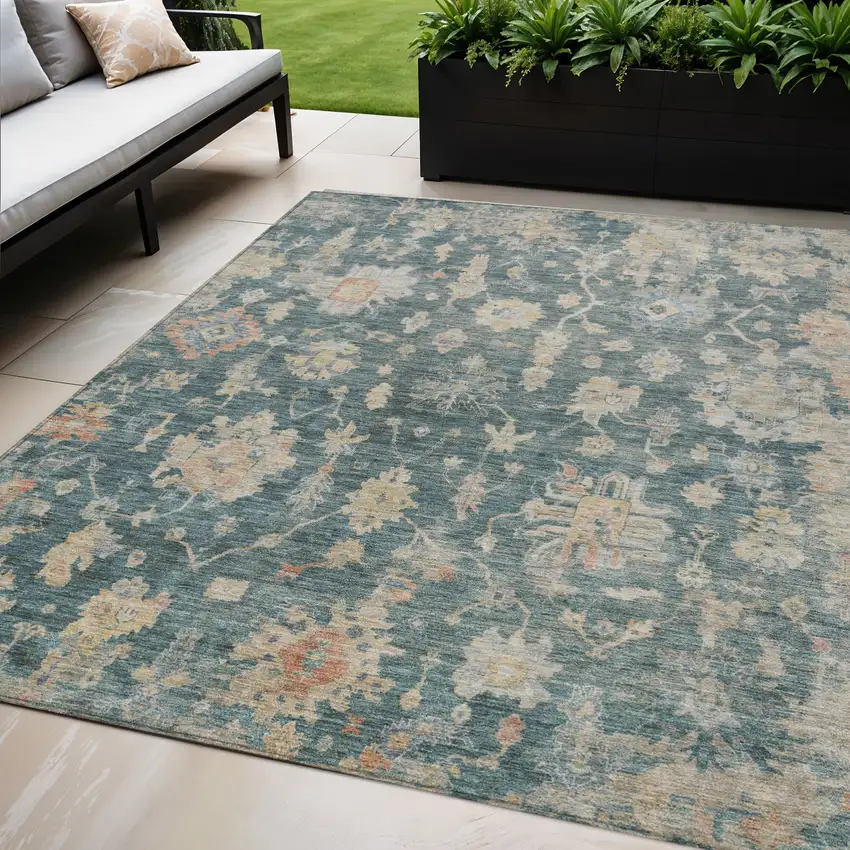 Teal Blue Beige And Gold Floral Washable Indoor Outdoor Area Rug Photo 1