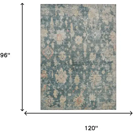 Teal Blue Beige And Gold Floral Washable Indoor Outdoor Area Rug Photo 3