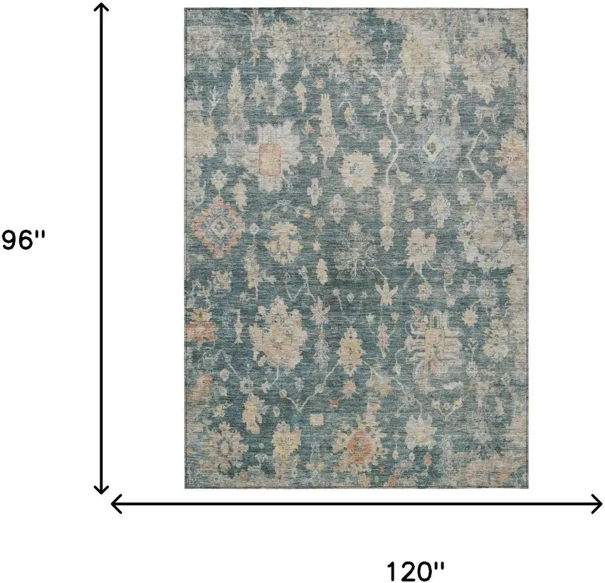 Teal Blue Beige And Gold Floral Washable Indoor Outdoor Area Rug Photo 3