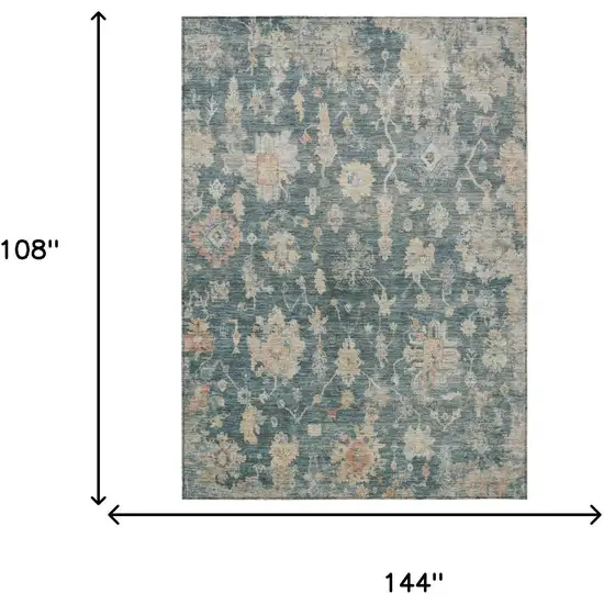Teal Blue Beige And Gold Floral Washable Indoor Outdoor Area Rug Photo 3