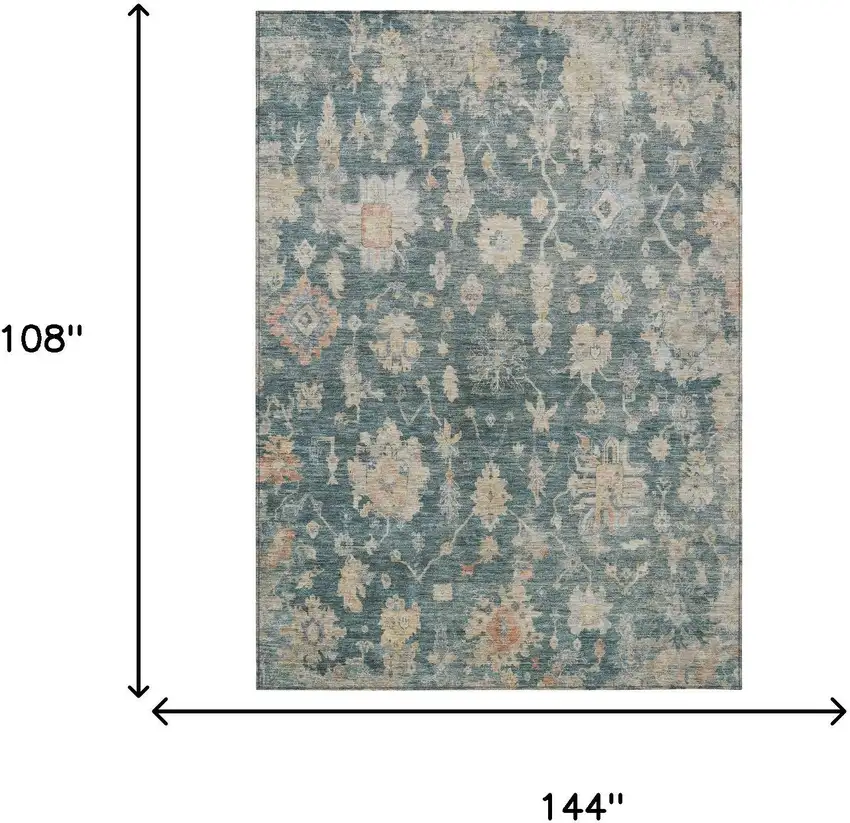 Teal Blue Beige And Gold Floral Washable Indoor Outdoor Area Rug Photo 3