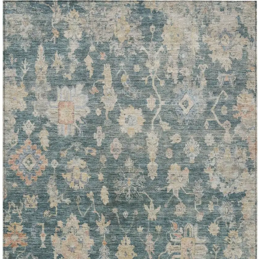 Teal Blue Beige And Gold Floral Washable Indoor Outdoor Area Rug Photo 5