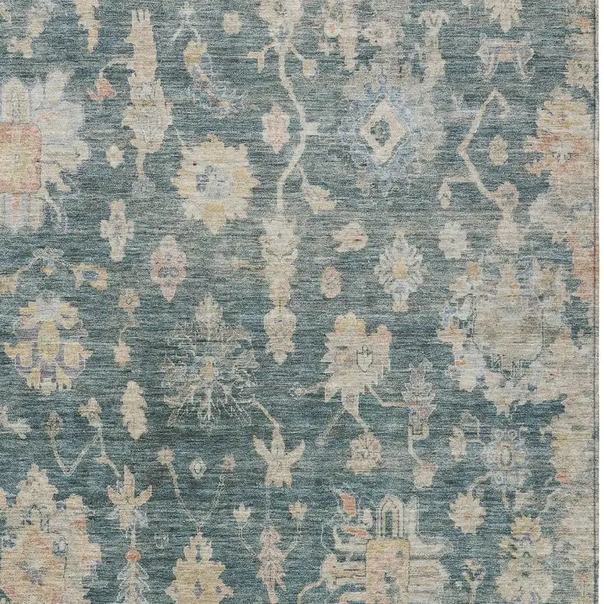 Teal Blue Beige And Gold Floral Washable Indoor Outdoor Area Rug Photo 4