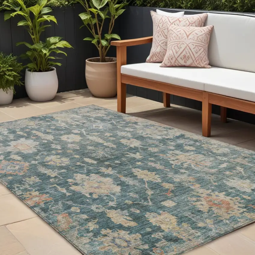 Teal Blue Beige And Gold Floral Washable Indoor Outdoor Area Rug Photo 1