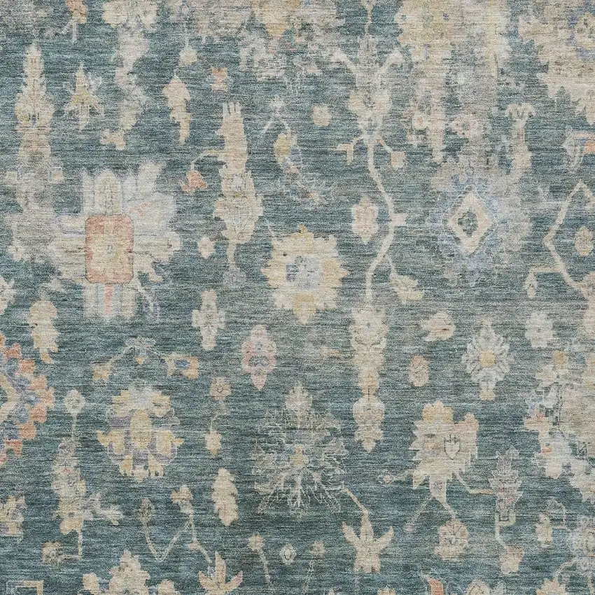 Teal Blue Beige And Gold Floral Washable Indoor Outdoor Area Rug Photo 3