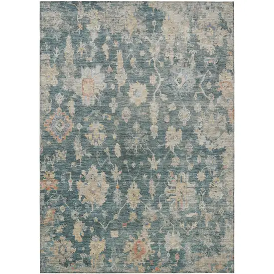 Teal Blue Beige And Gold Floral Washable Indoor Outdoor Area Rug Photo 7