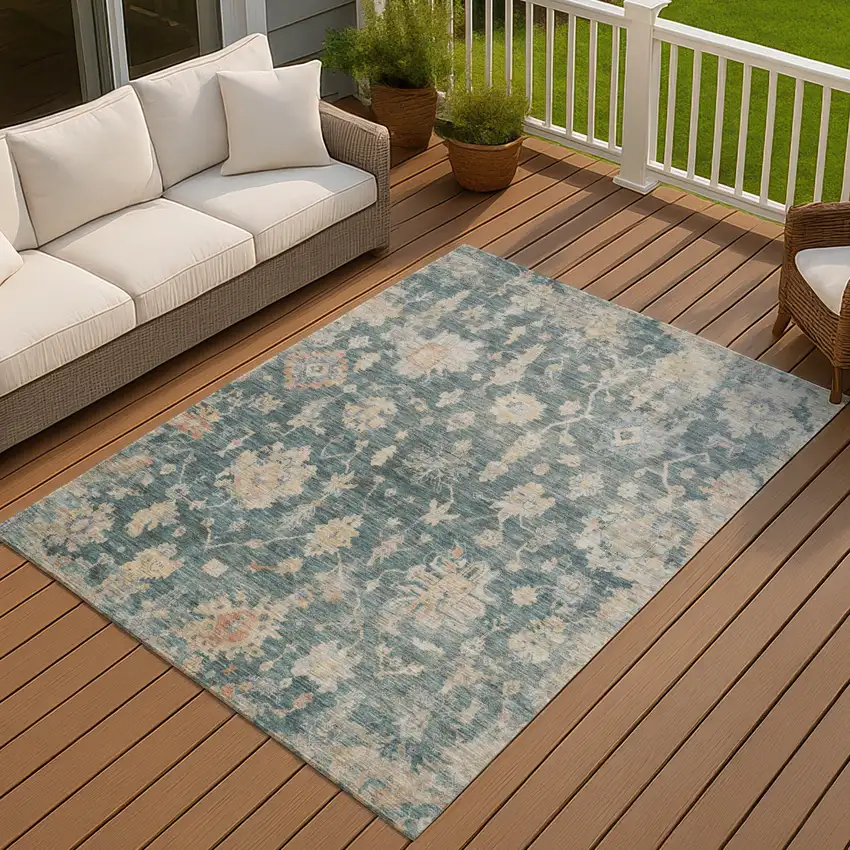Teal Blue Beige And Gold Floral Washable Indoor Outdoor Area Rug Photo 2