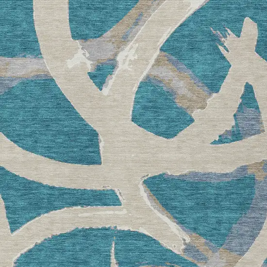 Teal Blue Beige And Gray Abstract Washable Indoor Outdoor Area Rug Photo 6