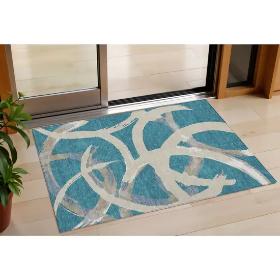 Teal Blue Beige And Gray Abstract Washable Indoor Outdoor Area Rug Photo 1