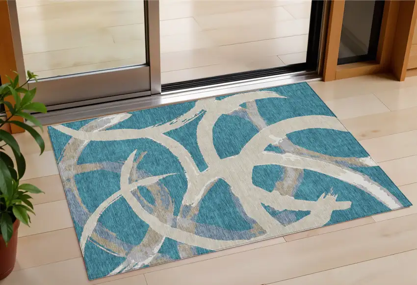 Teal Blue Beige And Gray Abstract Washable Indoor Outdoor Area Rug Photo 1