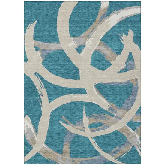 Teal Blue Beige And Gray Abstract Washable Indoor Outdoor Area Rug Photo 2