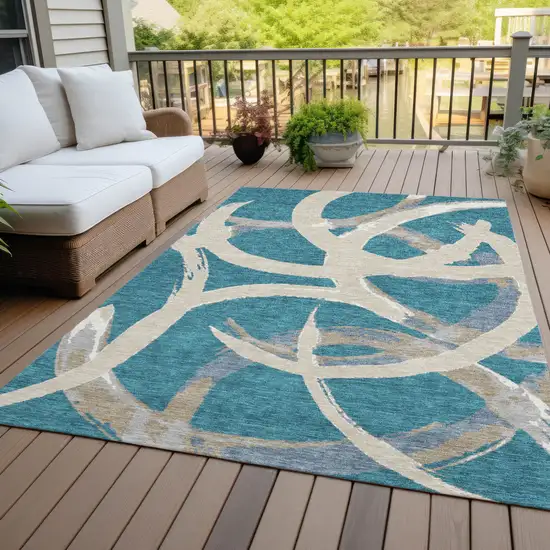 Teal Blue Beige And Gray Abstract Washable Indoor Outdoor Area Rug Photo 9