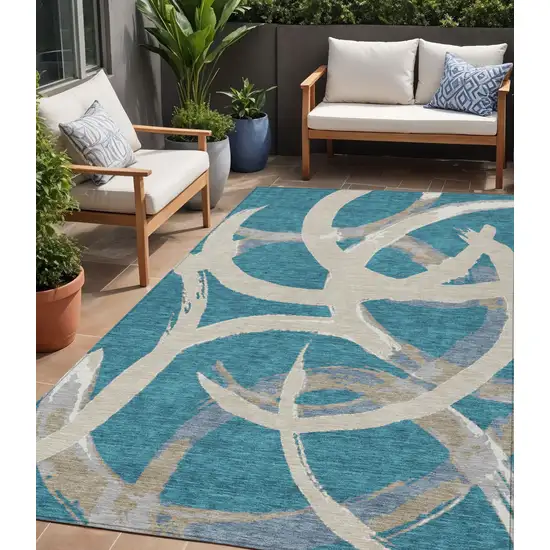 Teal Blue Beige And Gray Abstract Washable Indoor Outdoor Area Rug Photo 1
