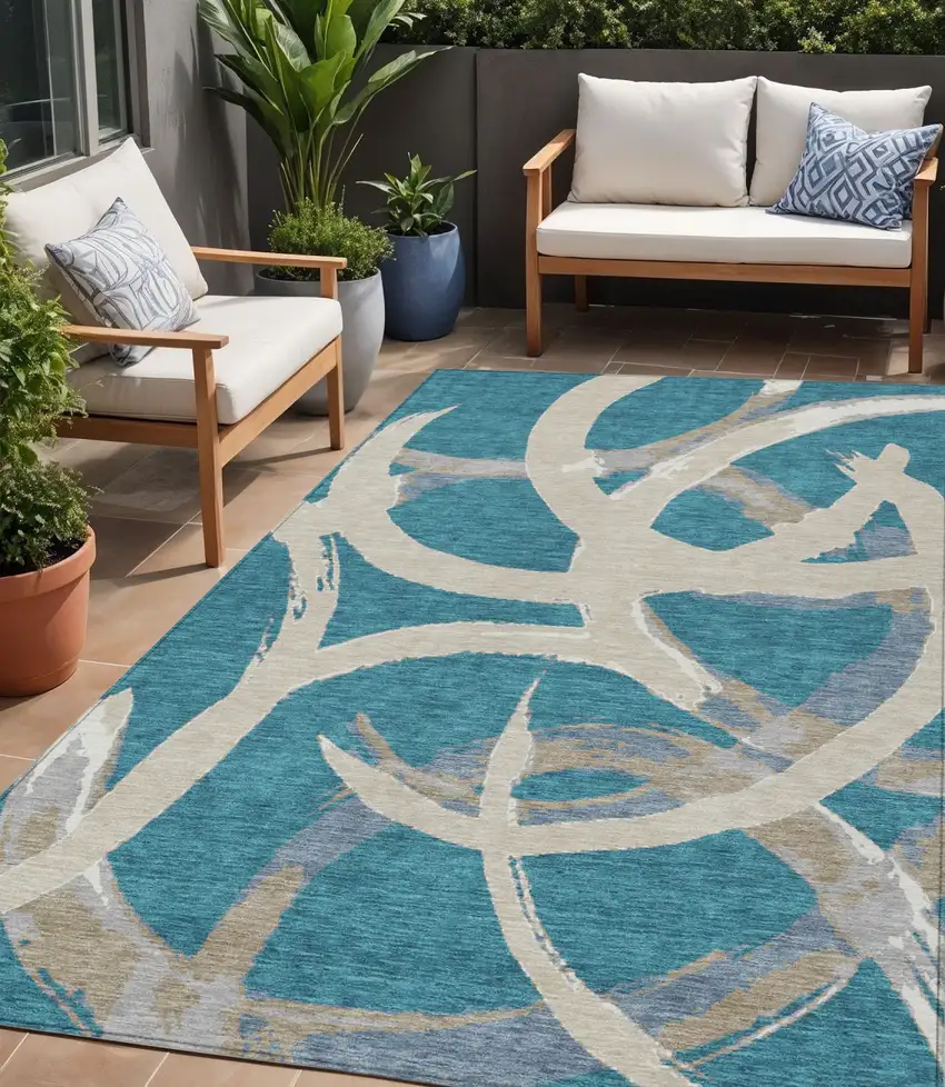 Teal Blue Beige And Gray Abstract Washable Indoor Outdoor Area Rug Photo 1