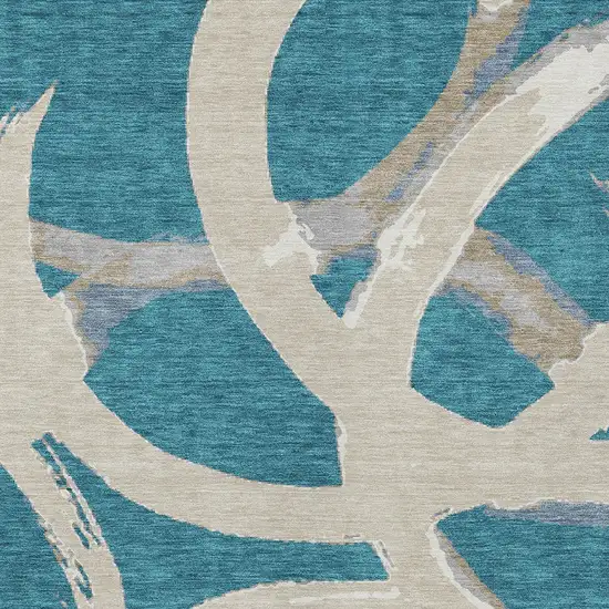 Teal Blue Beige And Gray Abstract Washable Indoor Outdoor Area Rug Photo 6