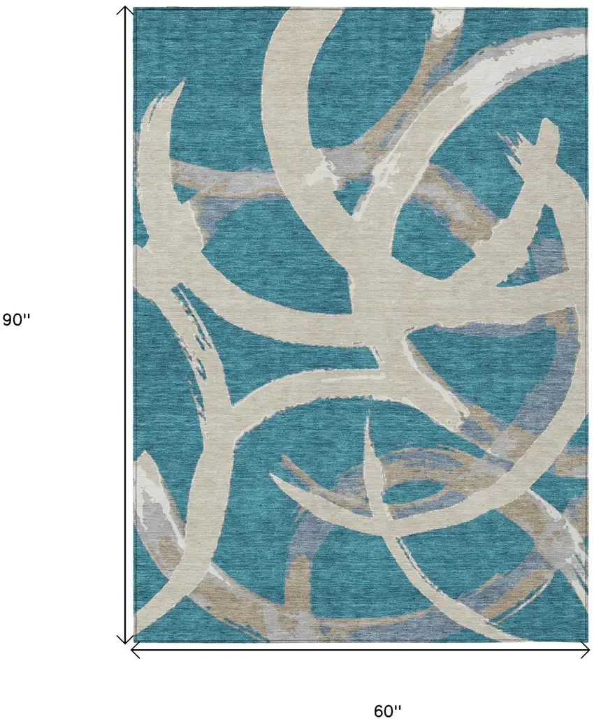 Teal Blue Beige And Gray Abstract Washable Indoor Outdoor Area Rug Photo 3