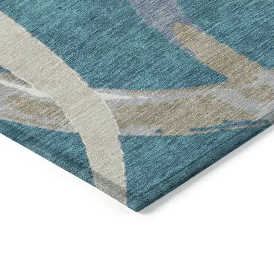 Teal Blue Beige And Gray Abstract Washable Indoor Outdoor Area Rug Photo 5