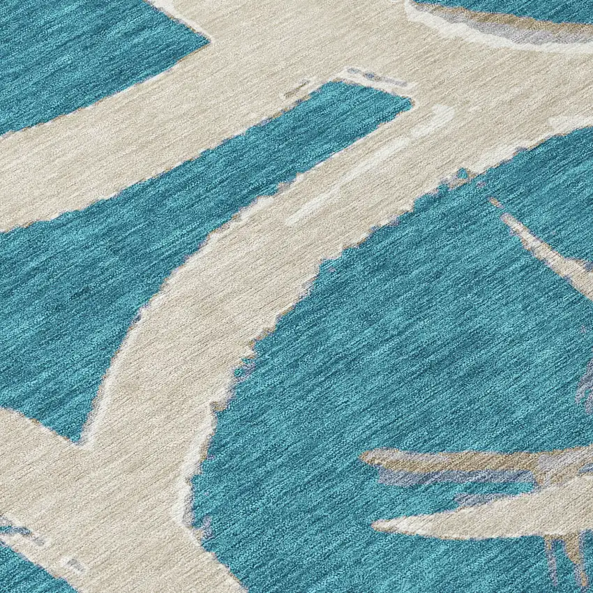 Teal Blue Beige And Gray Abstract Washable Indoor Outdoor Area Rug Photo 7